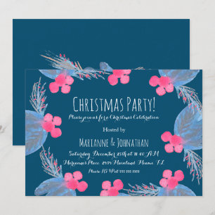 Invitación Fiesta de Navidad Acuarela Poinsettias Fruta Azul
