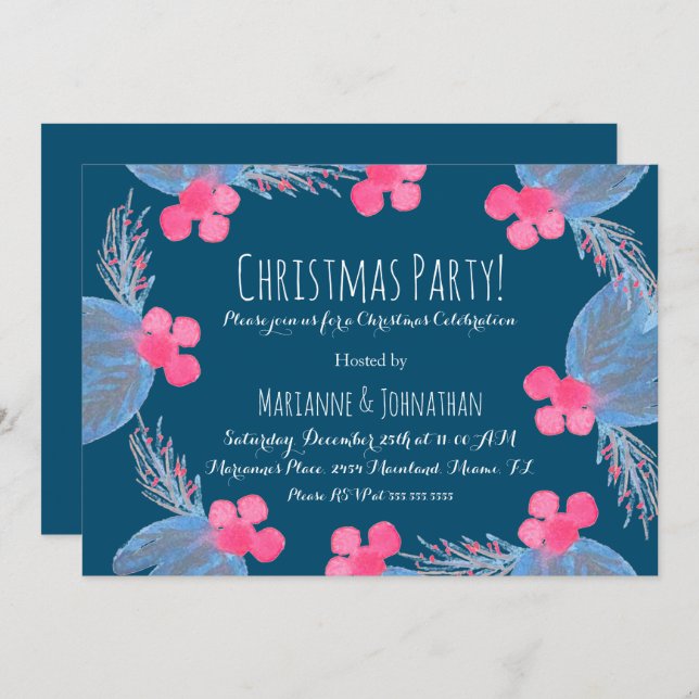 Invitación Fiesta de Navidad Acuarela Poinsettias Fruta Blue (Anverso / Reverso)