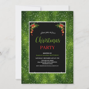 Invitación FIESTA DE NAVIDAD Adorno Rojo Verde Pino Nieve