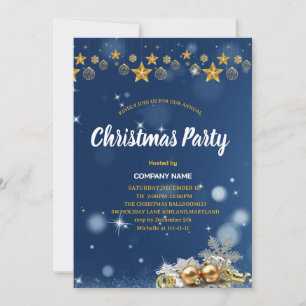 Invitación FIESTA DE NAVIDAD Adornos azules y dorados con bri
