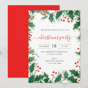 Invitación Fiesta de Navidad Aguarela de Acebo y Bayas