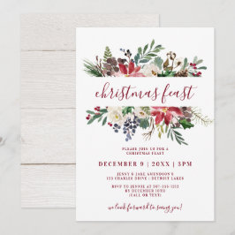Invitación Fiesta de Navidad Aguarela Floral Burgundy & Navy