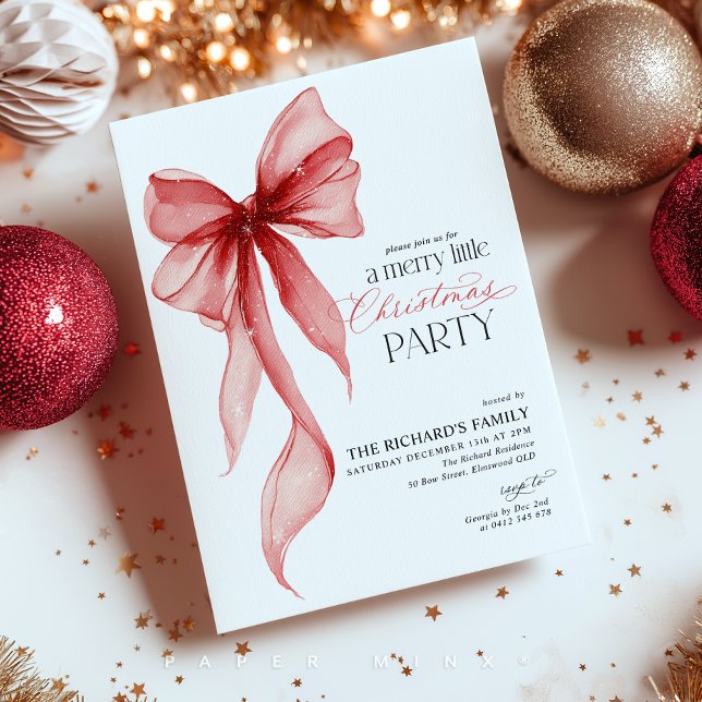 Invitación Fiesta de Navidad Alegre  (Merry Little Christmas Party! Red Bow Christmas Invitation)