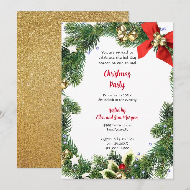 Invitación Fiesta de Navidad Alegre con Vegetación Navideña  (Anverso / Reverso)