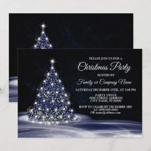 Invitación Fiesta de Navidad Árbol Brillante Azul Invierno Ma