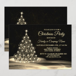 Invitación Fiesta de Navidad Árbol Brillante Dorado Invierno