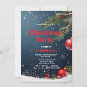Invitación FIESTA DE NAVIDAD Árbol verde y adornos rojos con 