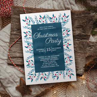 Invitación Fiesta de Navidad Azul Botánico Acuarela