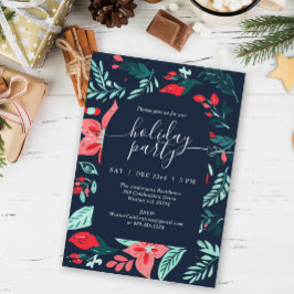 Invitación Fiesta de Navidad Azul Botánico Rojo Floral  