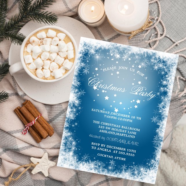 Invitación Fiesta de Navidad Azul, Copos de Nieve, Estrellas (Subido por el creador)