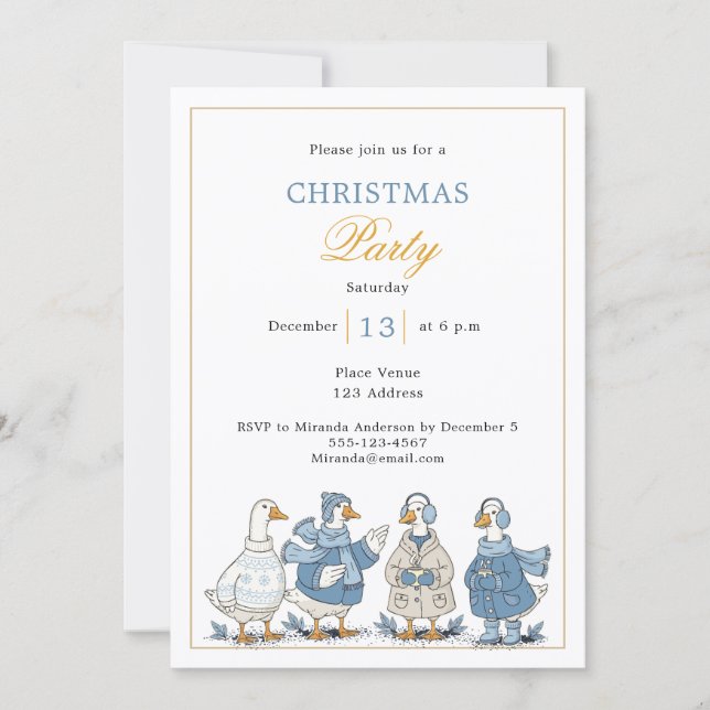 Invitación Fiesta de Navidad azul de ganso (Anverso)