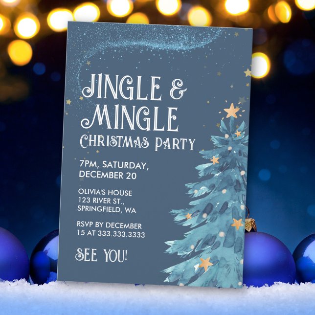 Invitación Fiesta de Navidad Azul Dorado Jingle & Mingle (Subido por el creador)