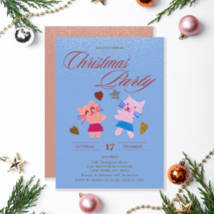 Invitación Fiesta de Navidad Azul Gatitos Lindos Festivos