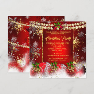 Invitación Fiesta de Navidad Baubles rojos dorados Acebo
