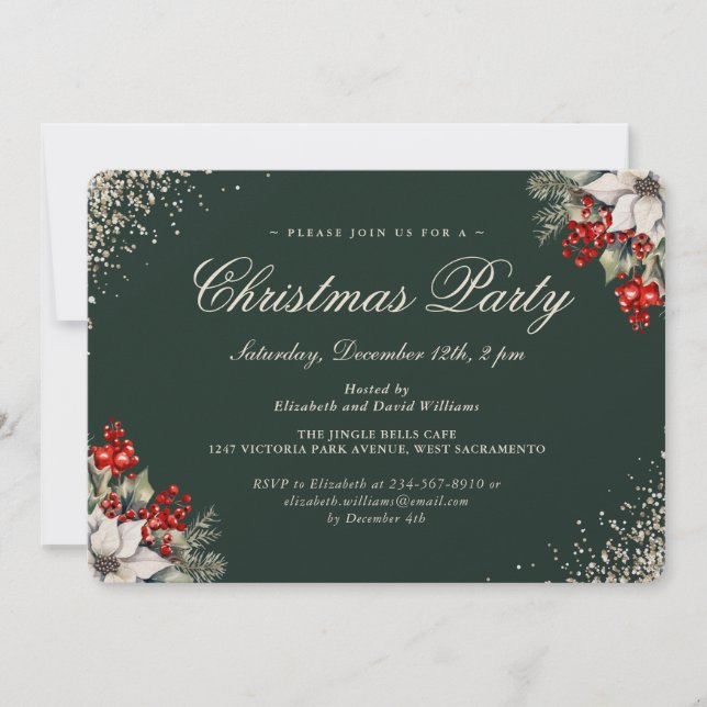Invitación Fiesta de Navidad Bayas de Acebo Oro Verde (Anverso)