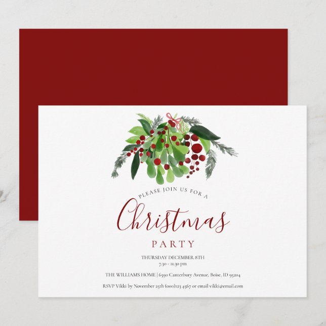 Invitación Fiesta de Navidad Bayas Rojas  (Anverso / Reverso)