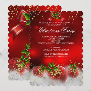 Invitación Fiesta de Navidad Blanca Nieve Rojo Verde Dorado