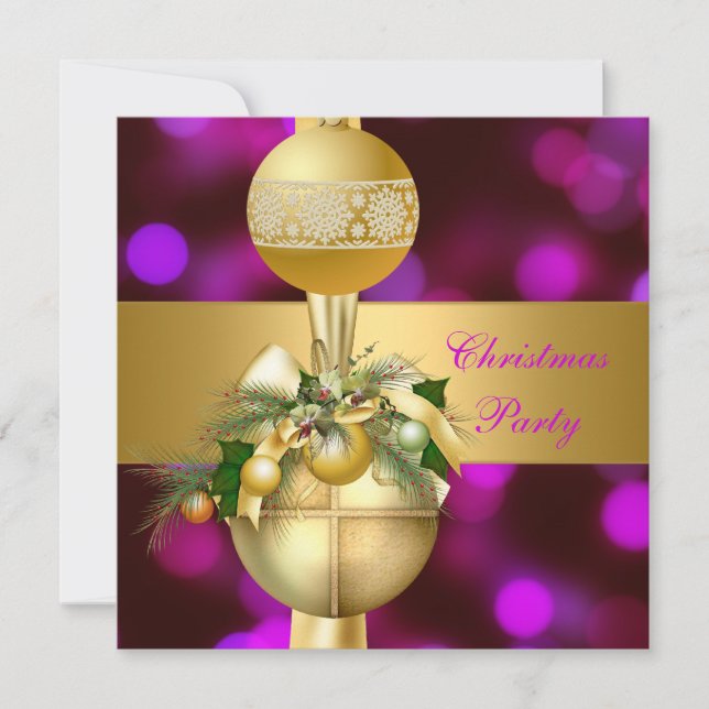 Invitación Fiesta de Navidad Bolas Doradas Purpura (Anverso)