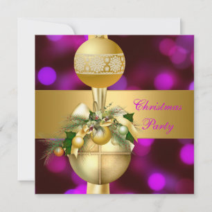 Invitación Fiesta de Navidad Bolas Doradas Purpura