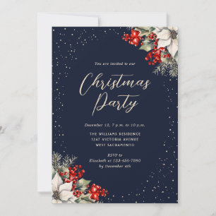 Invitación Fiesta de Navidad Botánica Azul Elegante