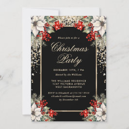 Invitación Fiesta de Navidad Botánica de Oro Negro Elegante