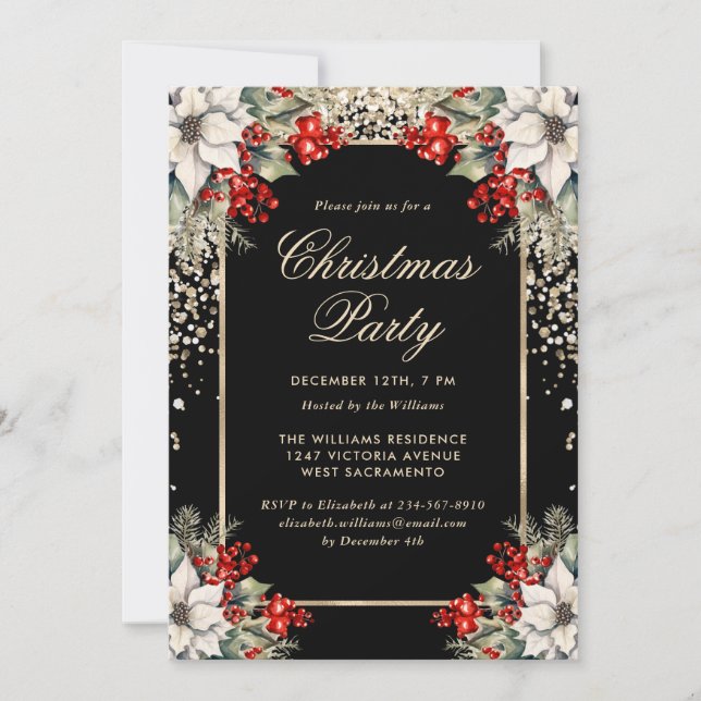 Invitación Fiesta de Navidad Botánica de Oro Negro Elegante (Anverso)