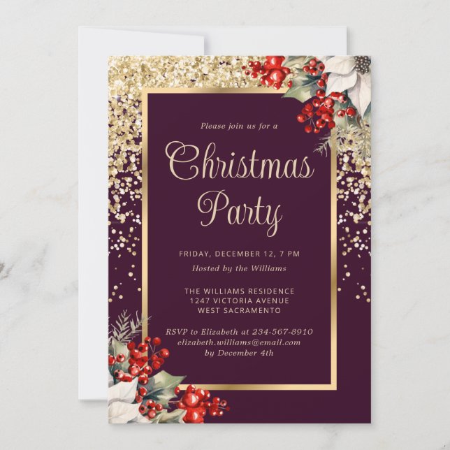 Invitación Fiesta de Navidad Botánica Elegante Morada y Dorad (Anverso)