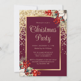 Invitación Fiesta de Navidad Botánica Elegante Roja Dorada