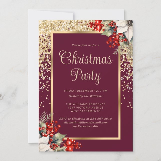 Invitación Fiesta de Navidad Botánica Elegante Roja Dorada (Anverso)