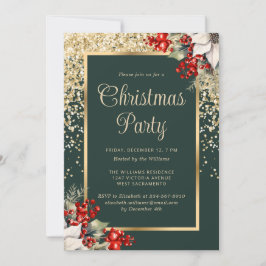 Invitación Fiesta de Navidad Botánica Verde Elegante en Oro