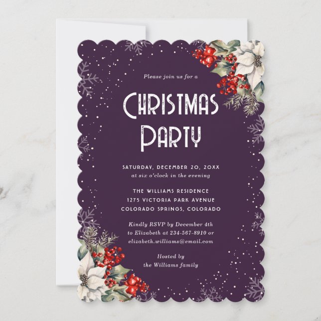Invitación Fiesta de Navidad Botanical Snowflake Purple (Anverso)