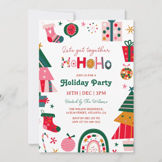 Invitación Fiesta de Navidad Brillante Ho Ho Ho (Anverso)