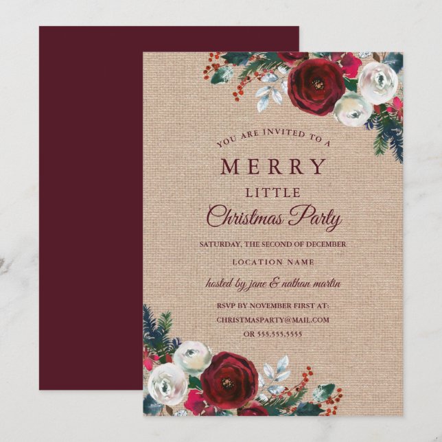 Invitación Fiesta de Navidad Burgundy Floral Rústica (Anverso / Reverso)