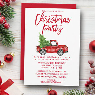 Invitación Fiesta de Navidad Camión Vintage Rojo Script Pince