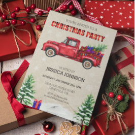 Invitación Fiesta de Navidad Camioneta Acuarela Cuadro Rojo