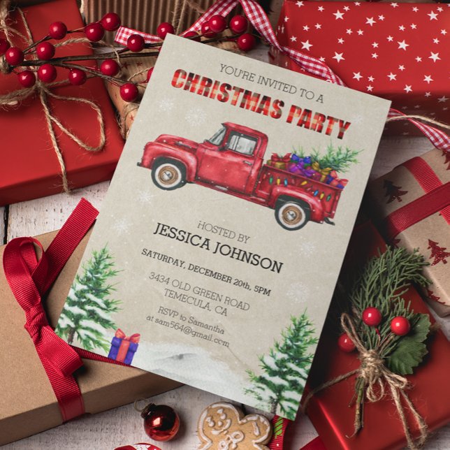 Invitación Fiesta de Navidad Camioneta Acuarela Cuadro Rojo (Subido por el creador)