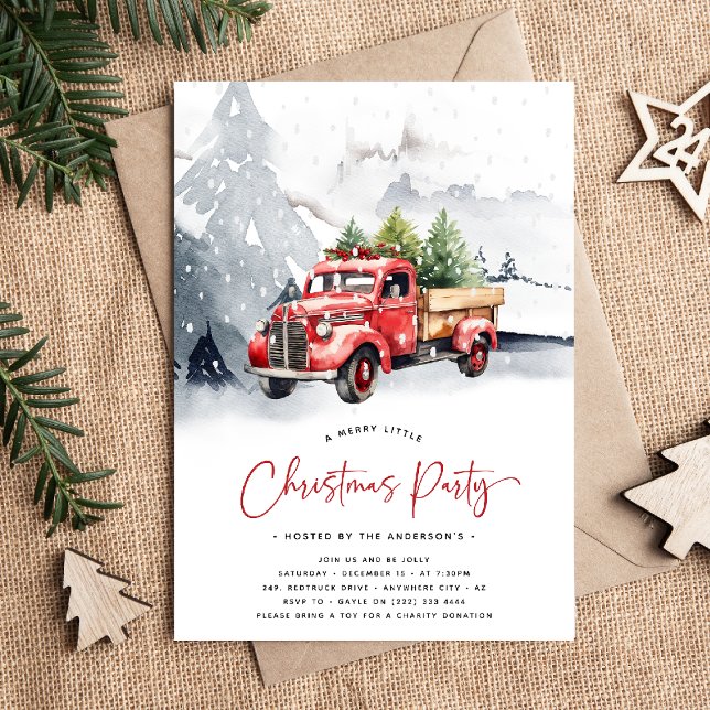 Invitación Fiesta de Navidad Camioneta Roja Acuarela Rústica (Subido por el creador)
