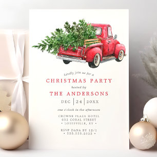 Invitación Fiesta de Navidad Camioneta Roja Acuarela Vintage