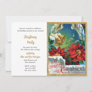 Invitación Fiesta de Navidad Campanas de Oro Poinsettia Roja