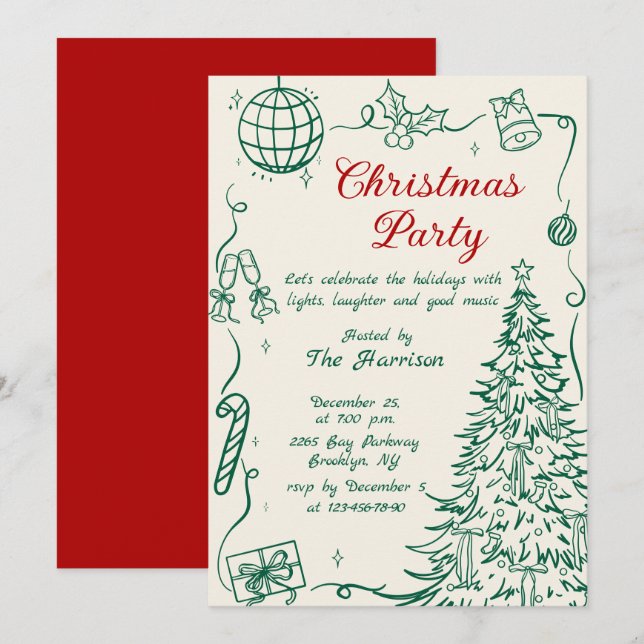 Invitación Fiesta de Navidad caprichosa dibujada a mano (Anverso / Reverso)