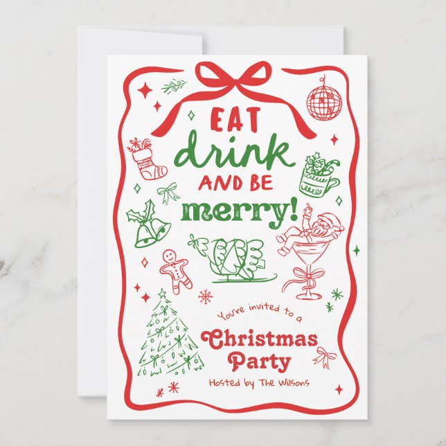 Invitación Fiesta de Navidad Caprichosa Dibujada a Mano (Anverso)