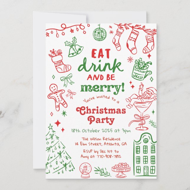 Invitación Fiesta de Navidad caprichosa dibujada a mano en ro (Anverso)