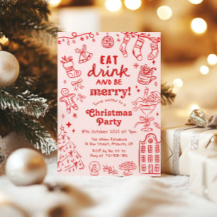 Invitación Fiesta de Navidad caprichosa dibujada a mano en ro