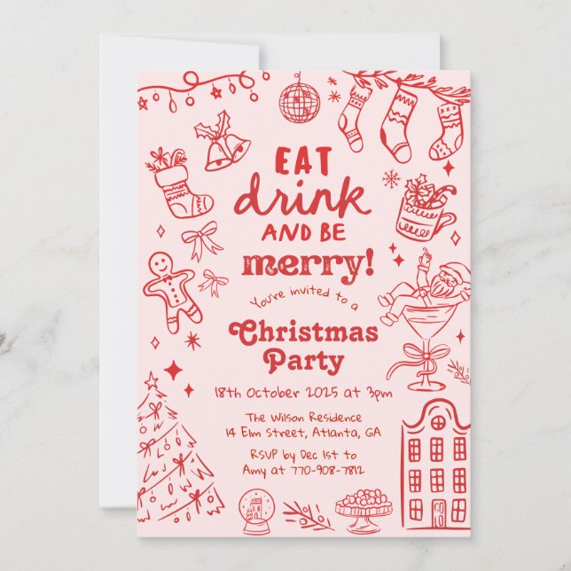 Invitación Fiesta de Navidad caprichosa dibujada a mano en ro (Anverso)