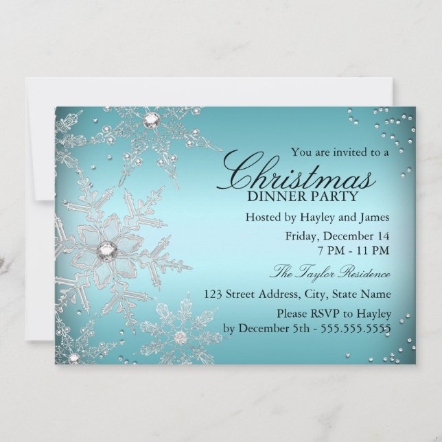 Invitación Fiesta de Navidad Cena Azul Copo de Nieve Cristali (Anverso)