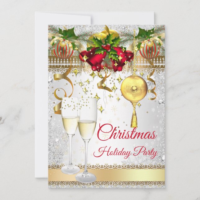 Invitación Fiesta de Navidad champán rojo dorado plateado (Anverso)