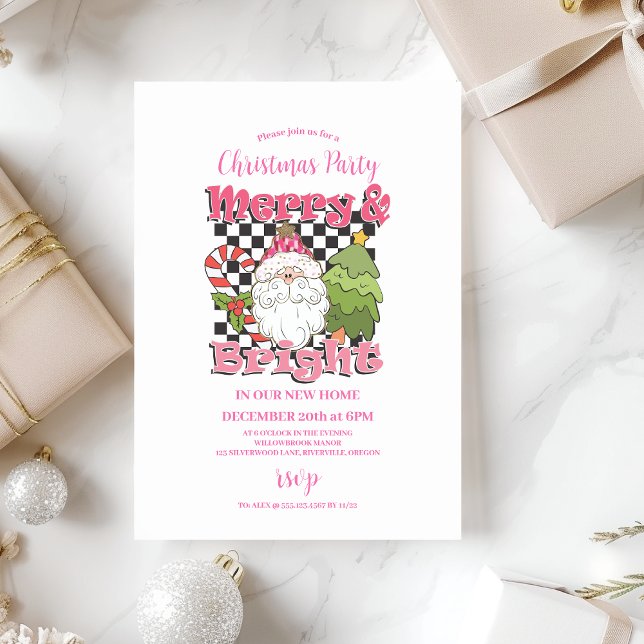 Invitación Fiesta de Navidad Checkered Pink Merry & Bright (Subido por el creador)