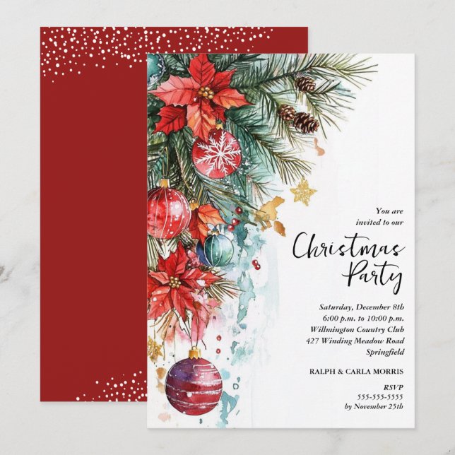 Invitación Fiesta de Navidad Chic Poinsettia (Anverso / Reverso)