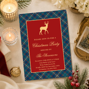 Invitación Fiesta de Navidad Clásica Tartán de Reno Rojo