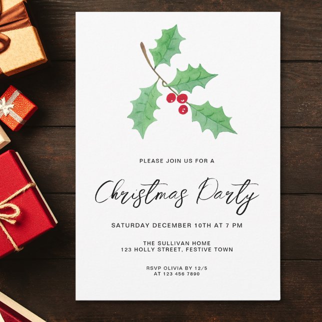 Invitación Fiesta de Navidad con Acebo de Letra Moderna (Subido por el creador)